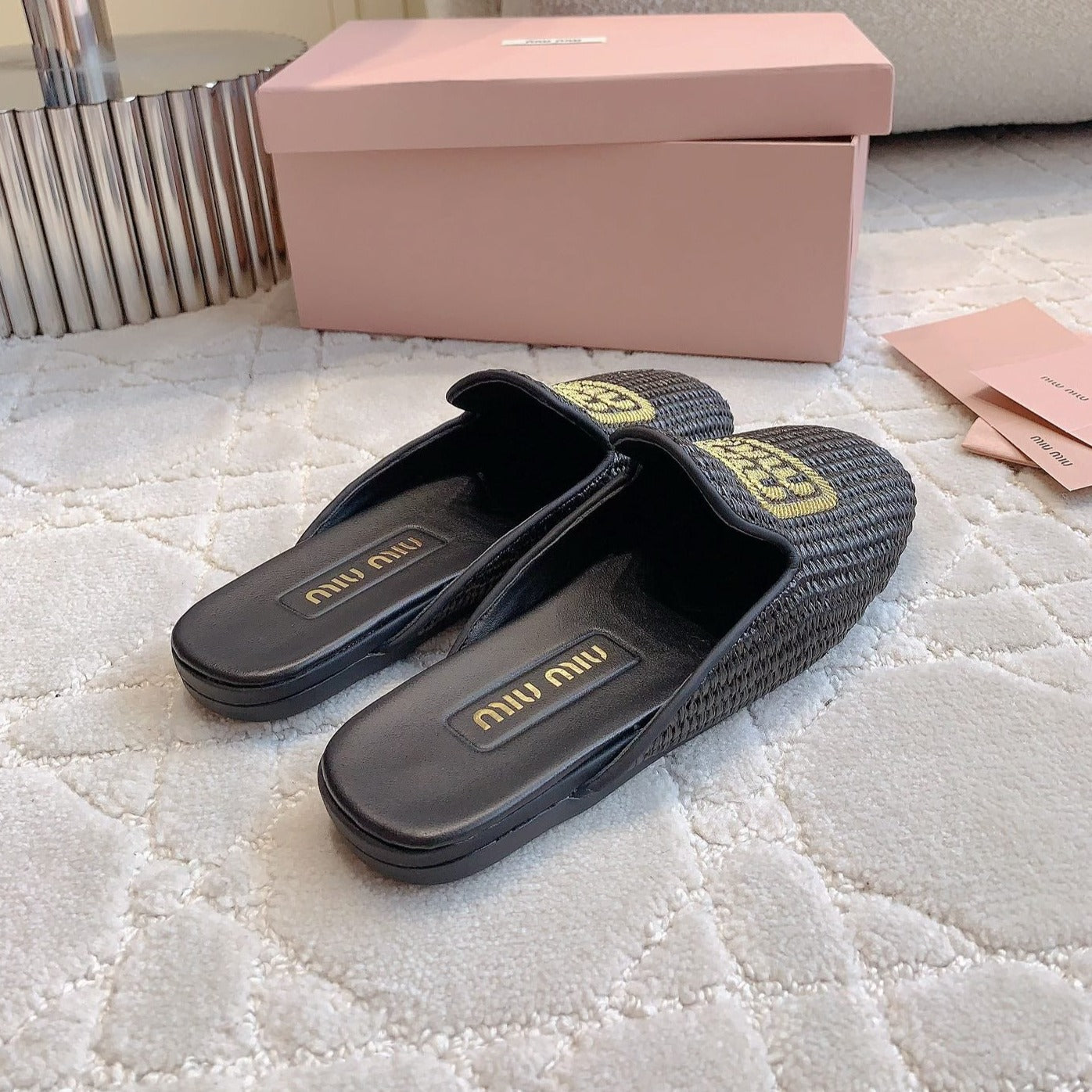 MULES SLIPPERS BLACK STRAW WOVEN - 35