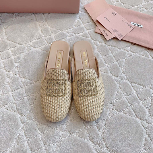 MULES SLIPPERS BEIGE COLOR STRAW WOVEN - 35