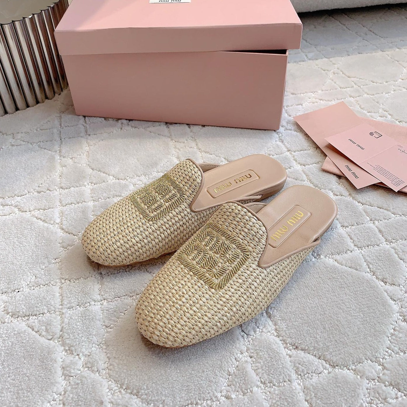 MULES SLIPPERS BEIGE COLOR STRAW WOVEN - 35