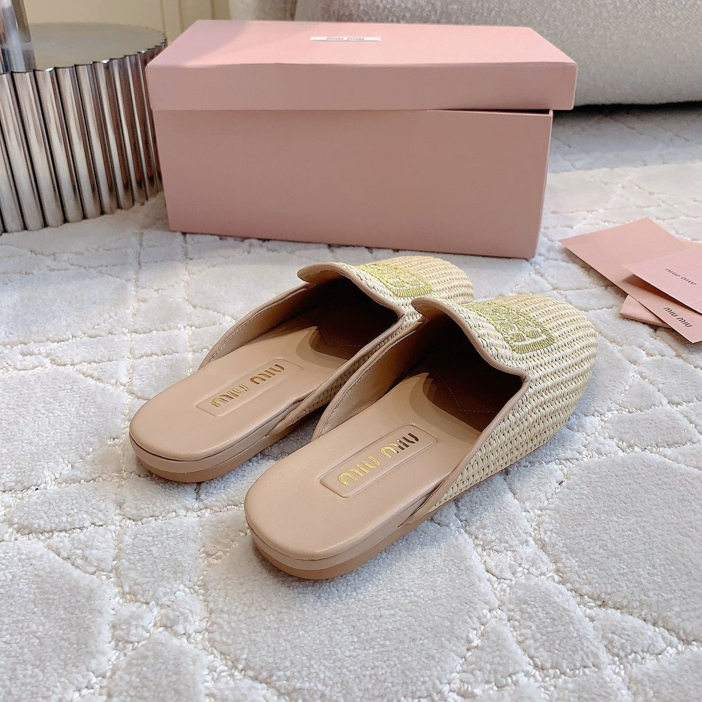MULES SLIPPERS BEIGE COLOR STRAW WOVEN - 35