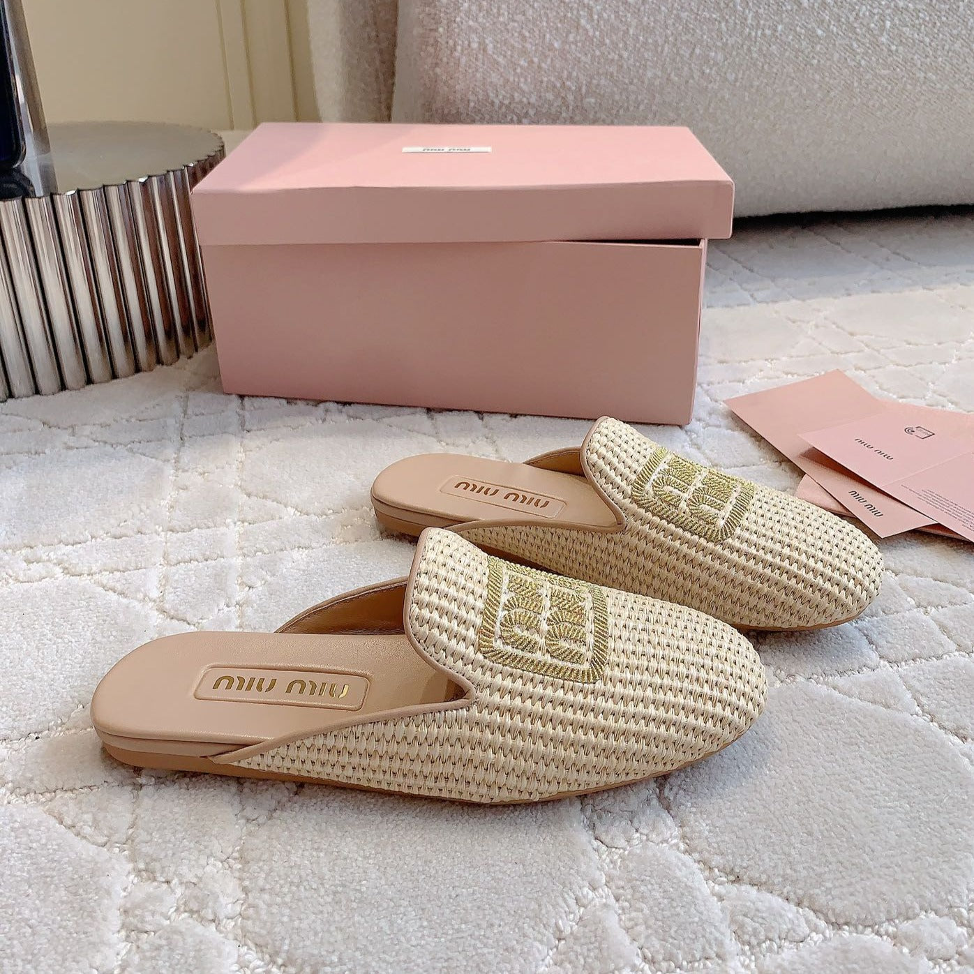 MULES SLIPPERS BEIGE COLOR STRAW WOVEN - 35