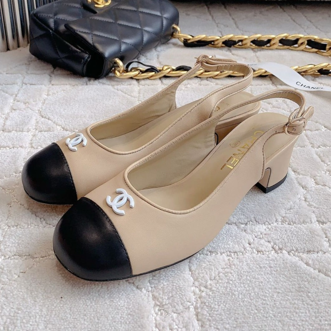 SLINGBACKS IN BEIGE CREAM MIX BLACK SHEEPSKIN - 34