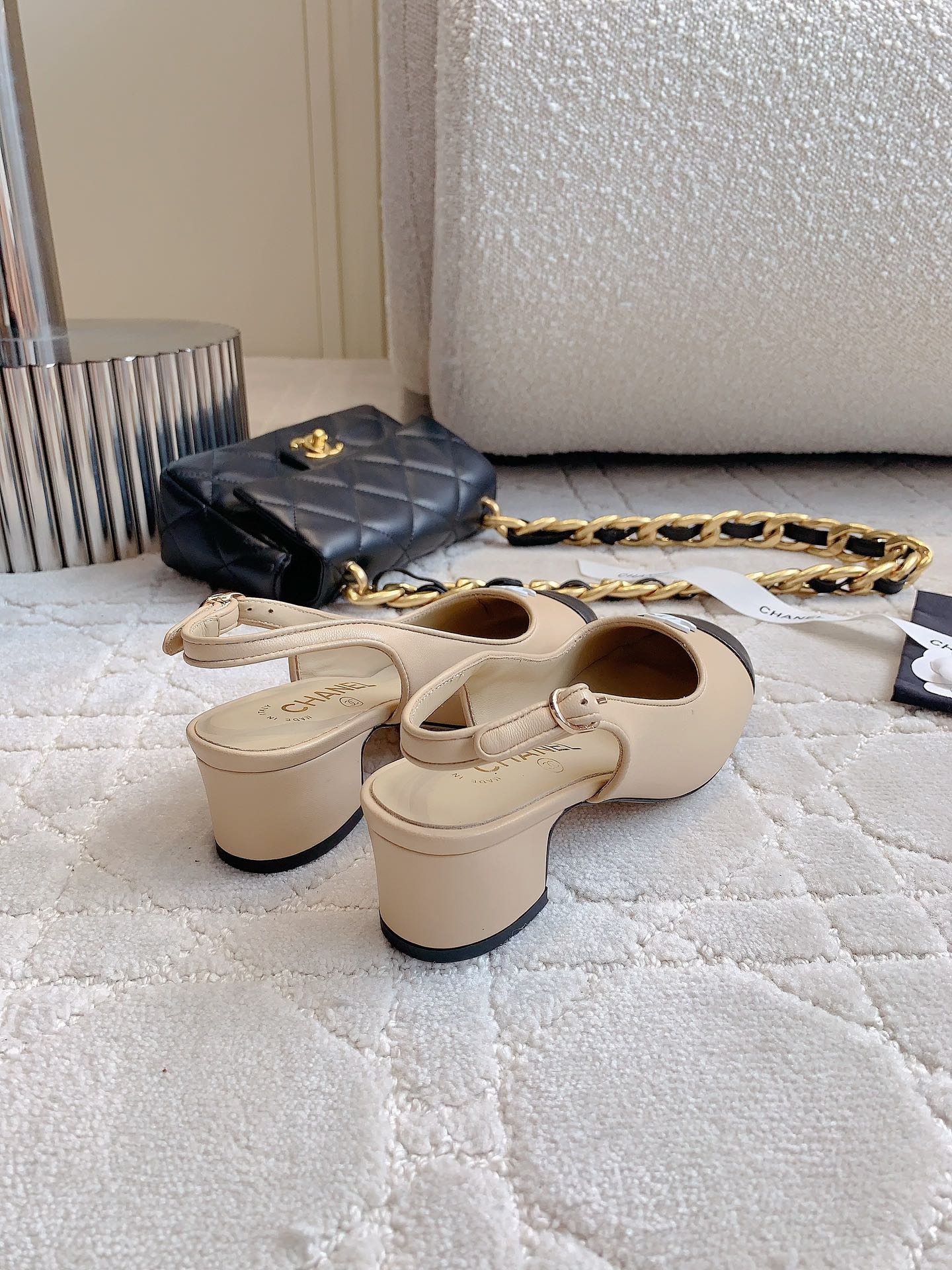 SLINGBACKS IN BEIGE CREAM MIX BLACK SHEEPSKIN - 34
