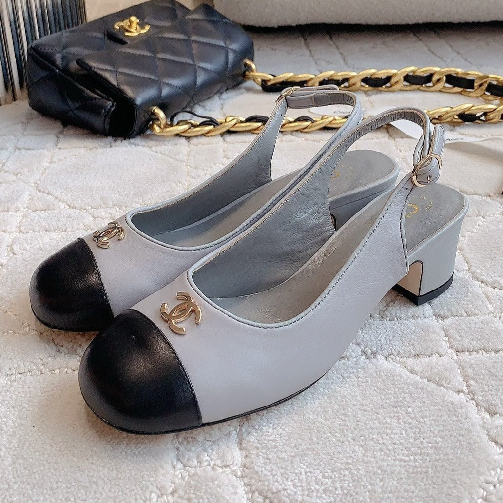 SLINGBACKS IN SLATE GREY MIX BLACK SHEEPSKIN - 34