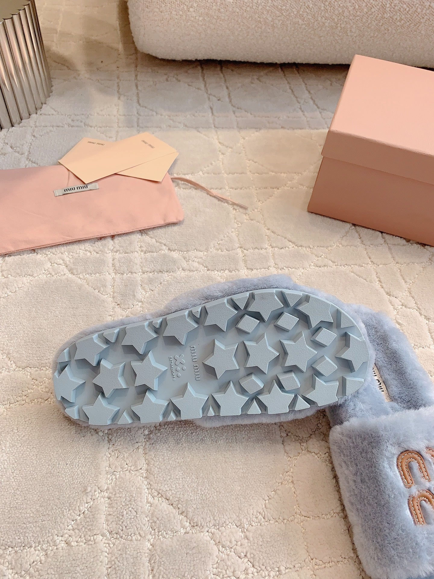 RABBIT FUR SLIPPERS RHINO GRAY WITH EMBROIDED LOGO - 35