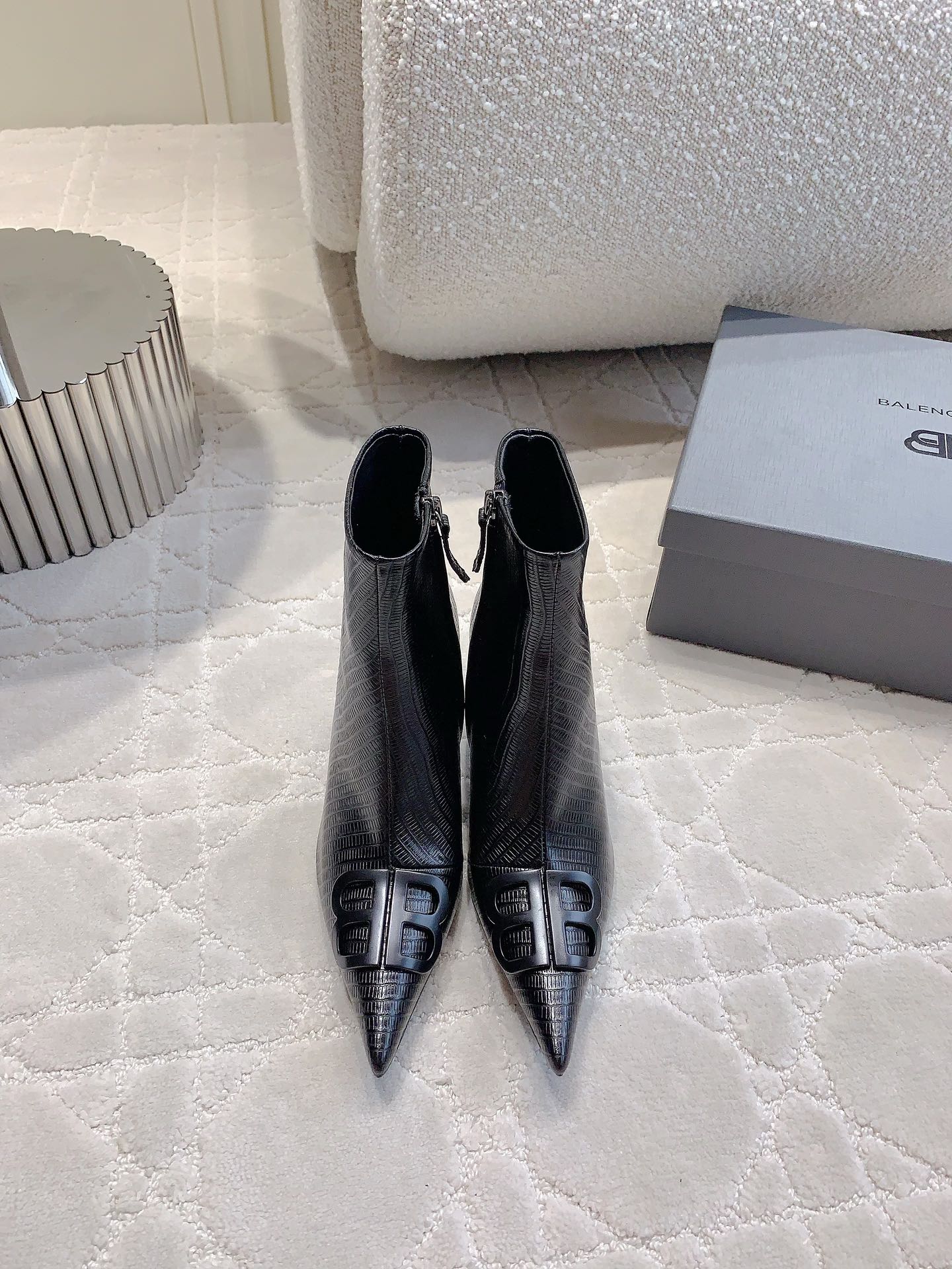 POINTED-TOE HIGH HEEL BOOTS IN BLACK LIZARD EMBOSSED CALFSKIN - 34