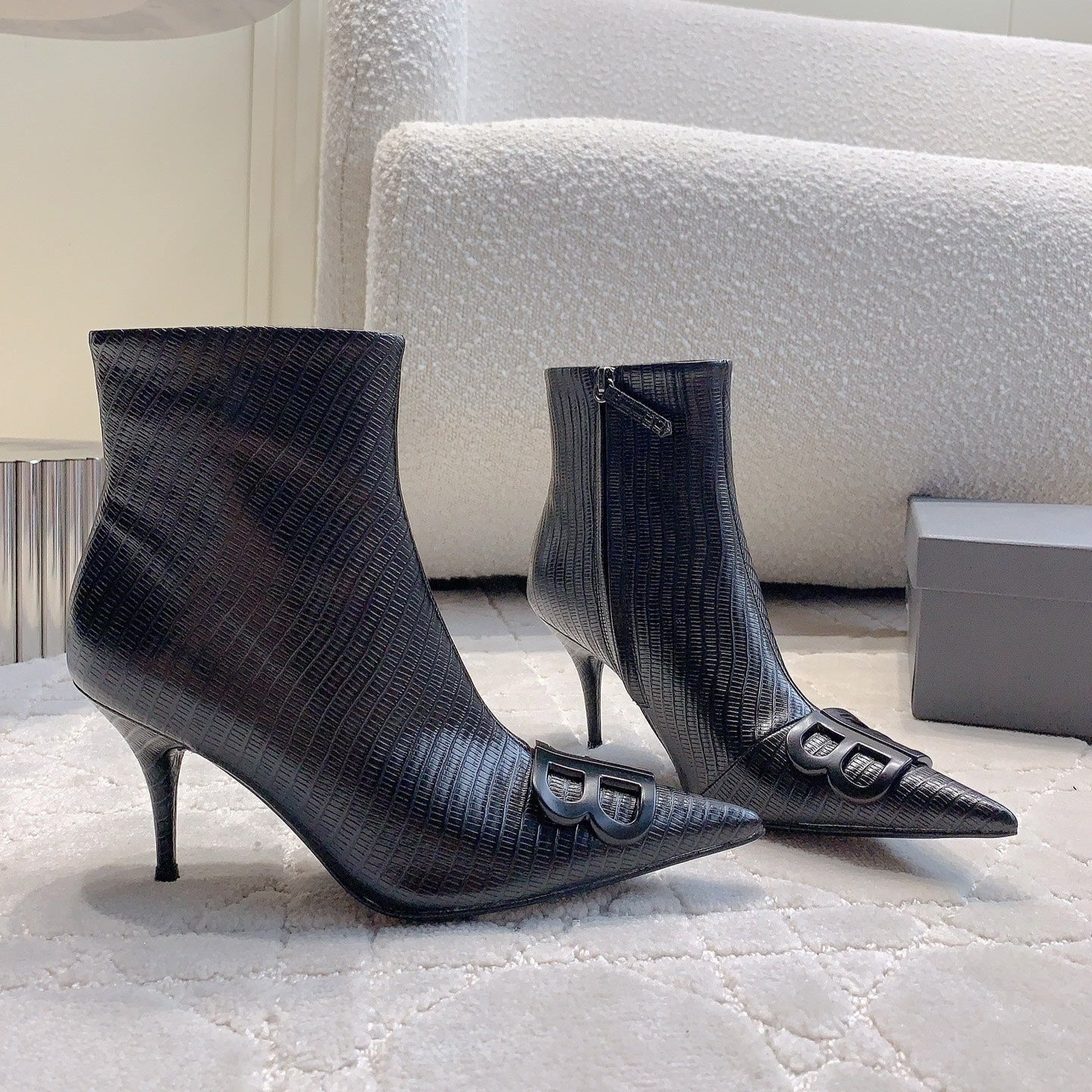POINTED-TOE HIGH HEEL BOOTS IN BLACK LIZARD EMBOSSED CALFSKIN - 34