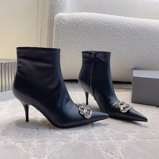POINTED-TOE HIGH HEEL BOOTS IN BLACK SMOOTH LAMBSKIN - 34