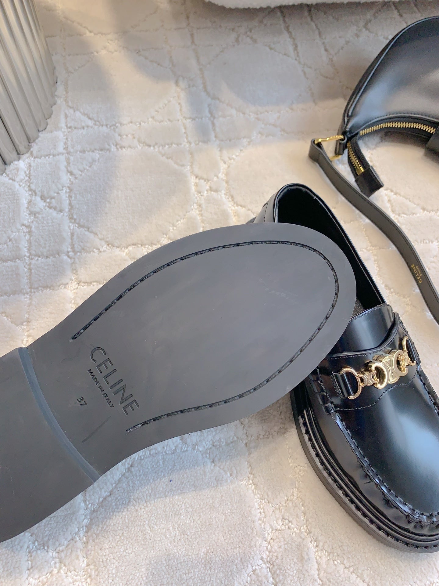 CELINE 25S ARC DE TRIOMPHE LOAFERS IN BLACK SHINY CALFSKIN GOLD HARDWARE - 35