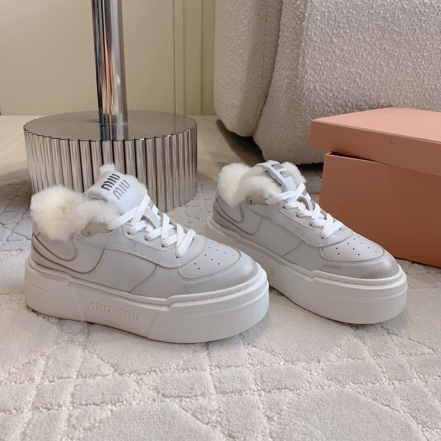 THICK SOLE SNEAKERS IN CHROME GRAY LAMBSKIN WITH RABBIT FUR LINING - 35