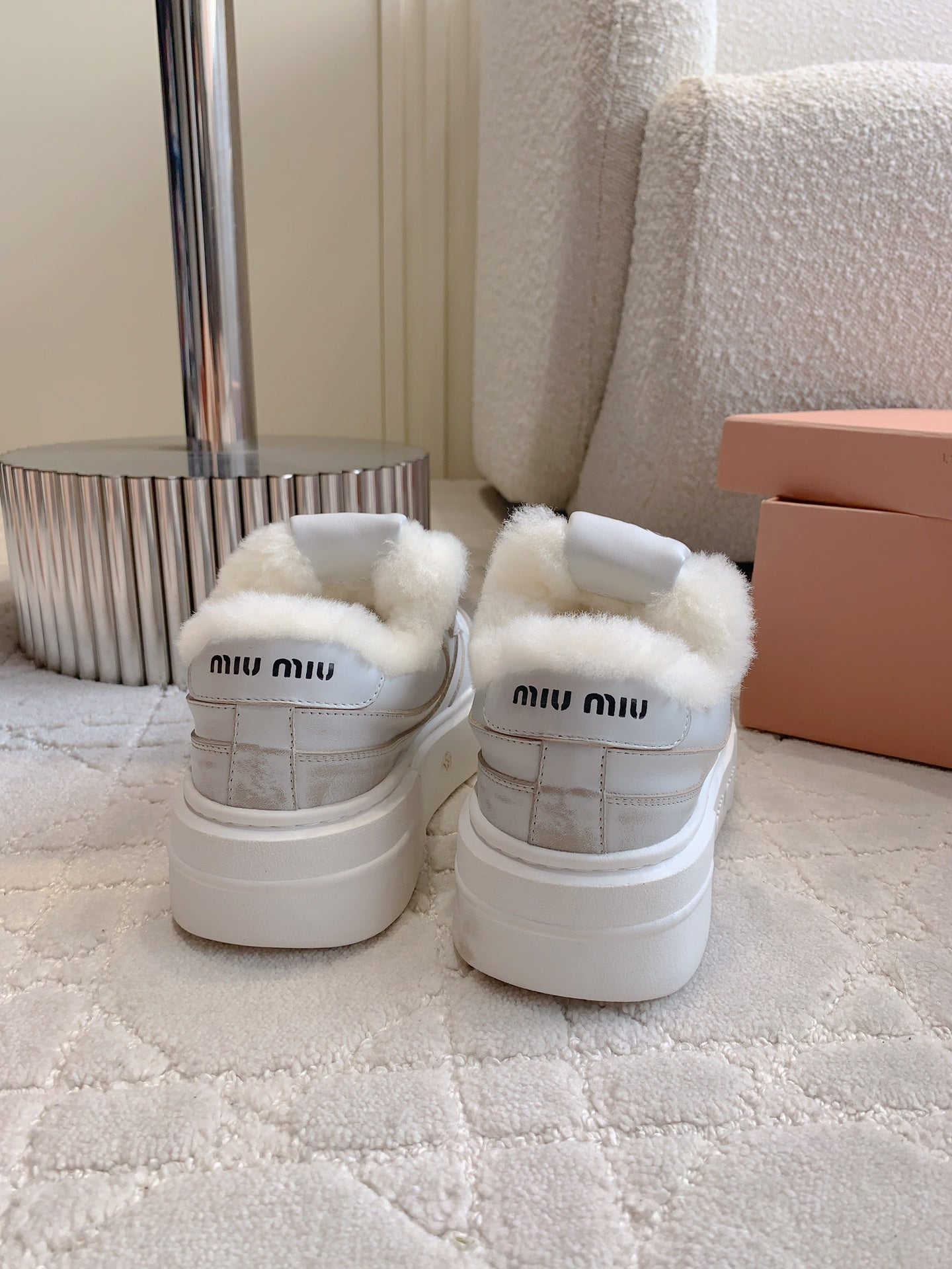THICK SOLE SNEAKERS IN CHROME GRAY LAMBSKIN WITH RABBIT FUR LINING - 35