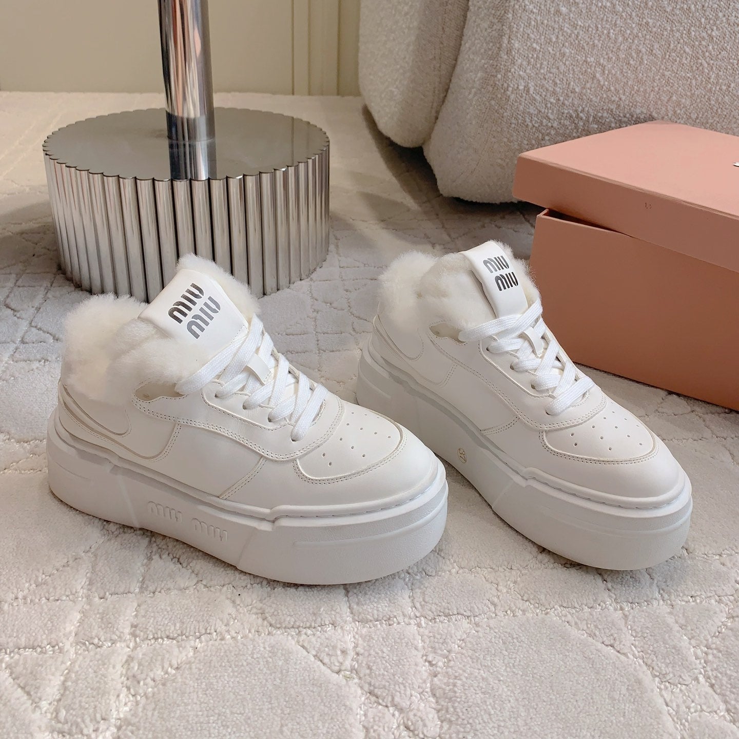 THICK SOLE SNEAKERS IN WHITE LAMBSKIN WITH RABBIT FUR LINING - 35