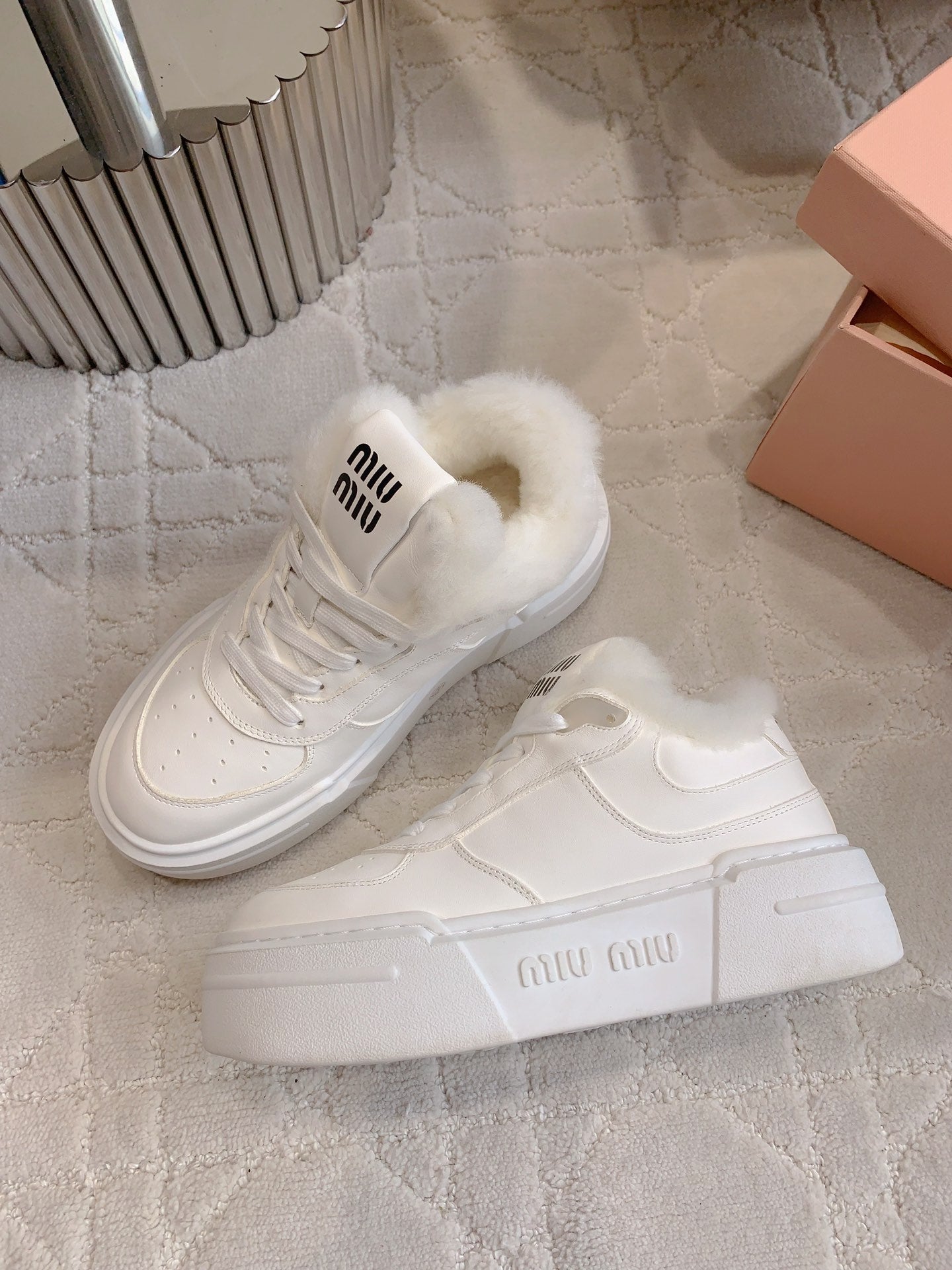 THICK SOLE SNEAKERS IN WHITE LAMBSKIN WITH RABBIT FUR LINING - 35