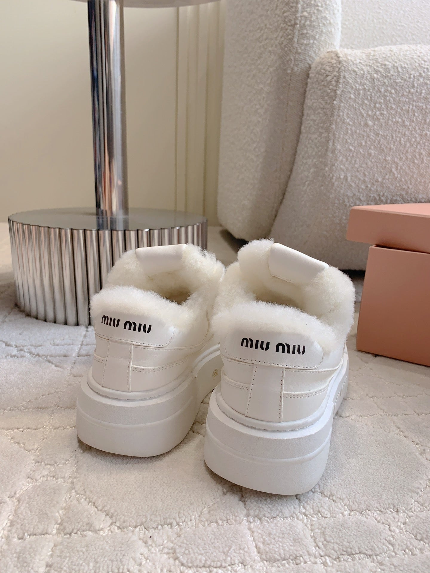 THICK SOLE SNEAKERS IN WHITE LAMBSKIN WITH RABBIT FUR LINING - 35