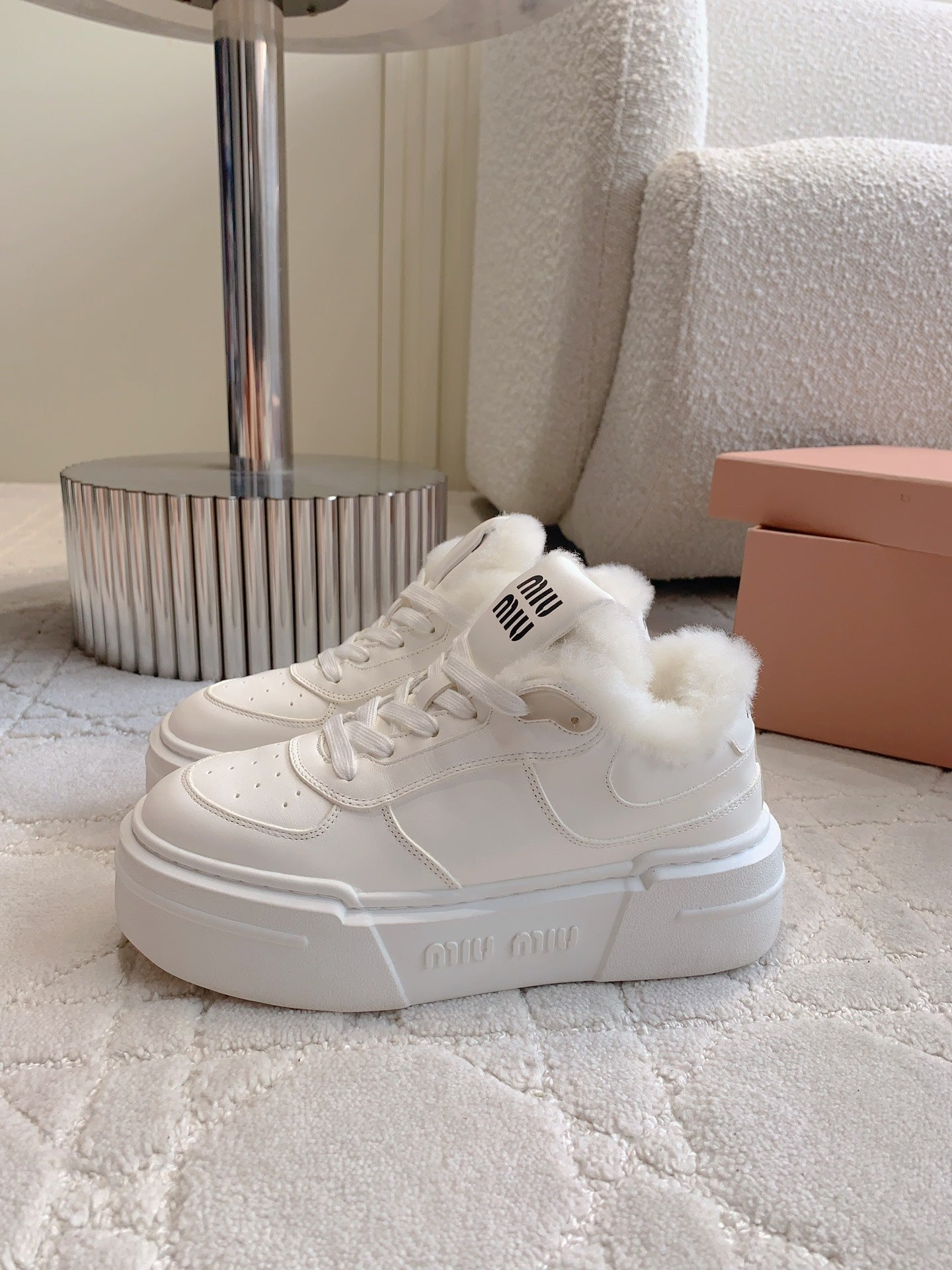 THICK SOLE SNEAKERS IN WHITE LAMBSKIN WITH RABBIT FUR LINING - 35