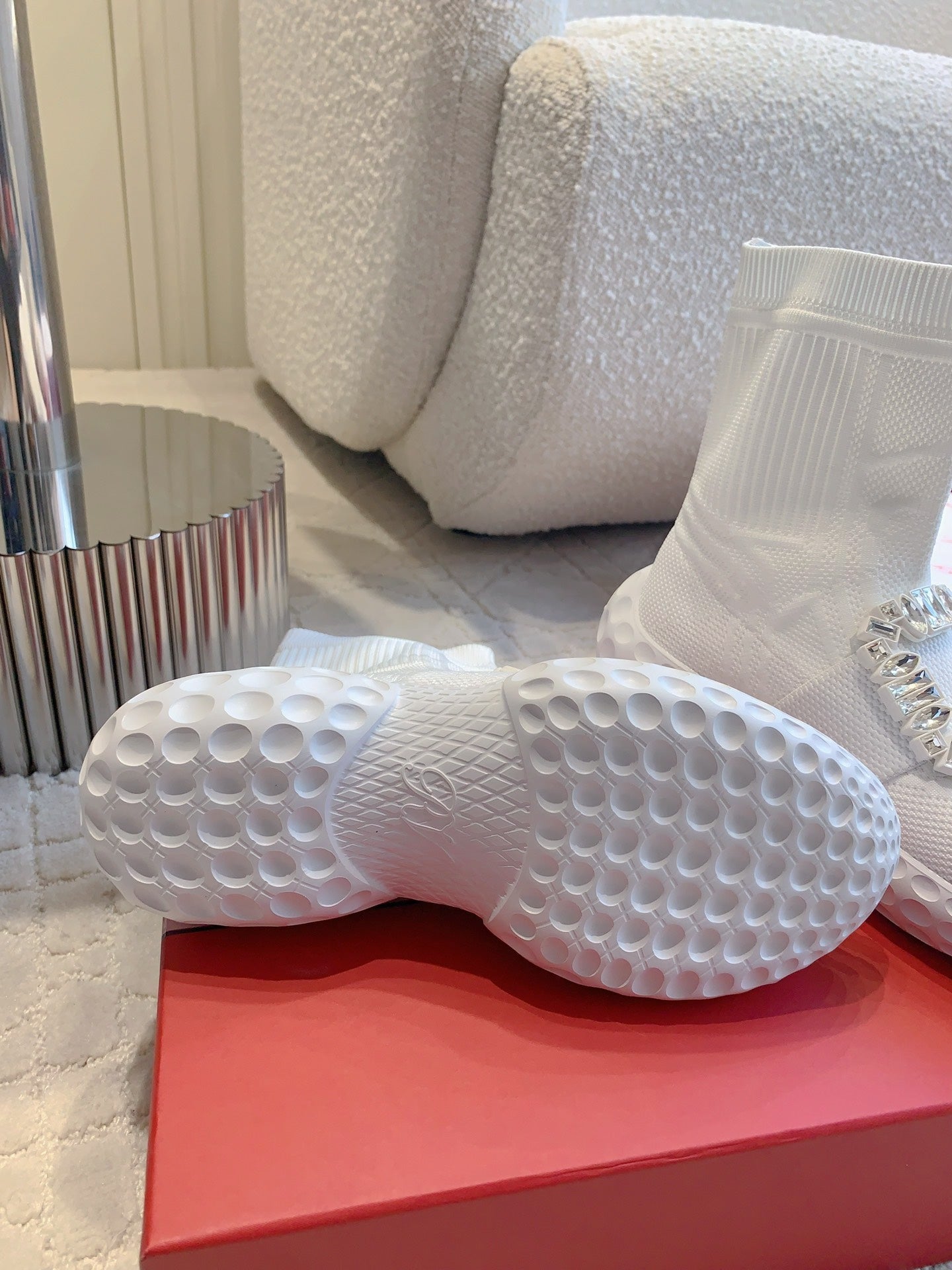 VIV' RUN LIGHT SOCKS ANKLE BOOTS IN WHITE FABRIC STRASS BUCKLE - 35