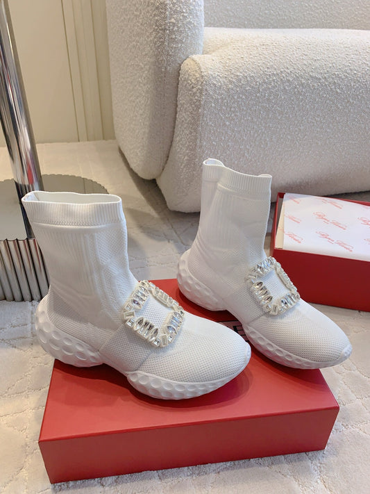 VIV' RUN LIGHT SOCKS ANKLE BOOTS IN WHITE FABRIC STRASS BUCKLE - 35