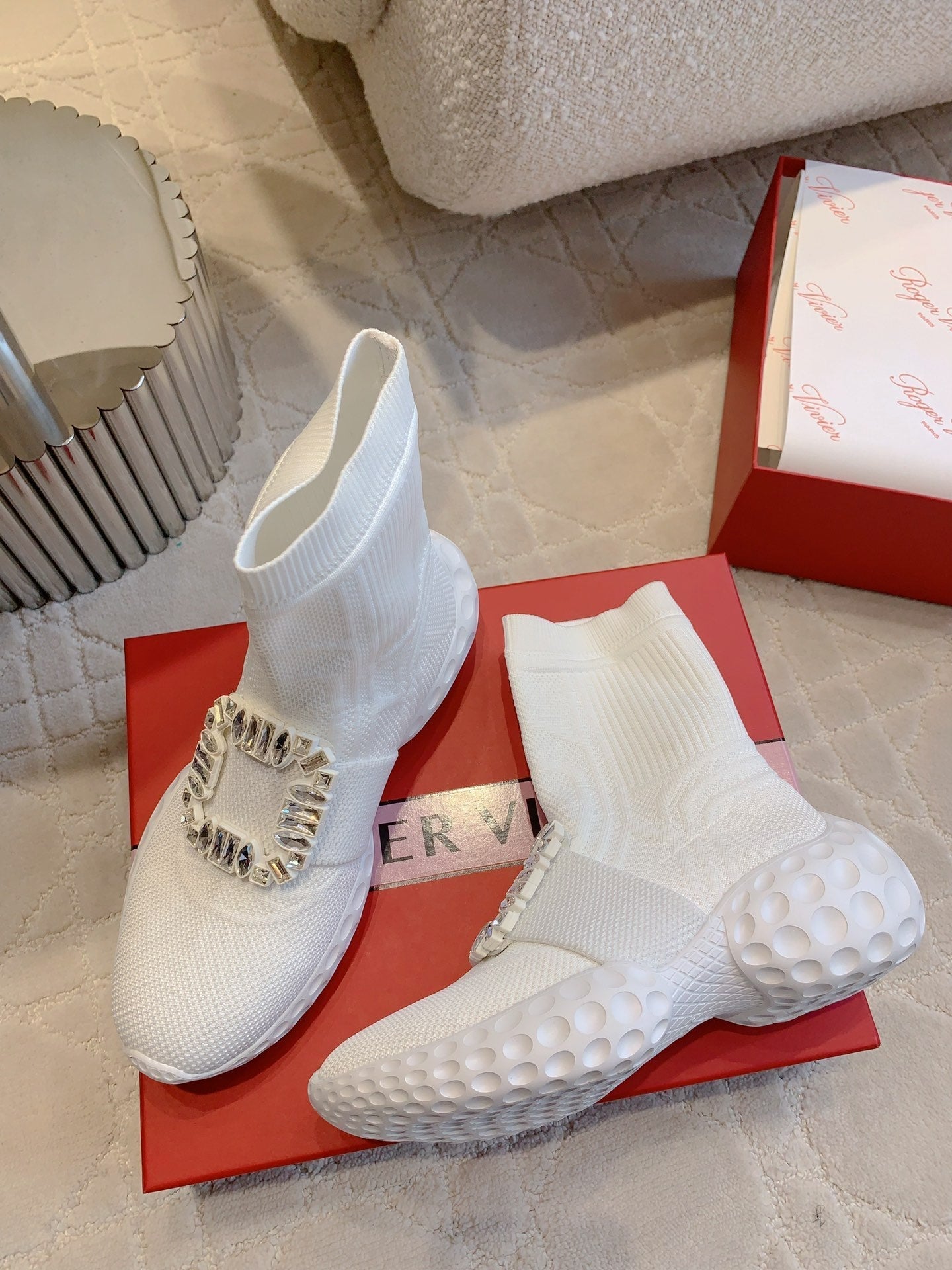 VIV' RUN LIGHT SOCKS ANKLE BOOTS IN WHITE FABRIC STRASS BUCKLE - 35