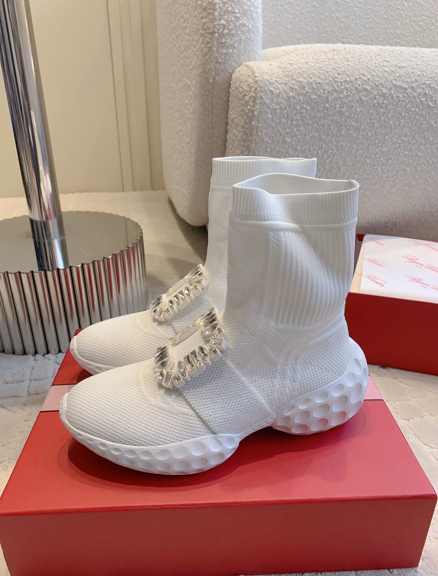 VIV' RUN LIGHT SOCKS ANKLE BOOTS IN WHITE FABRIC STRASS BUCKLE - 35