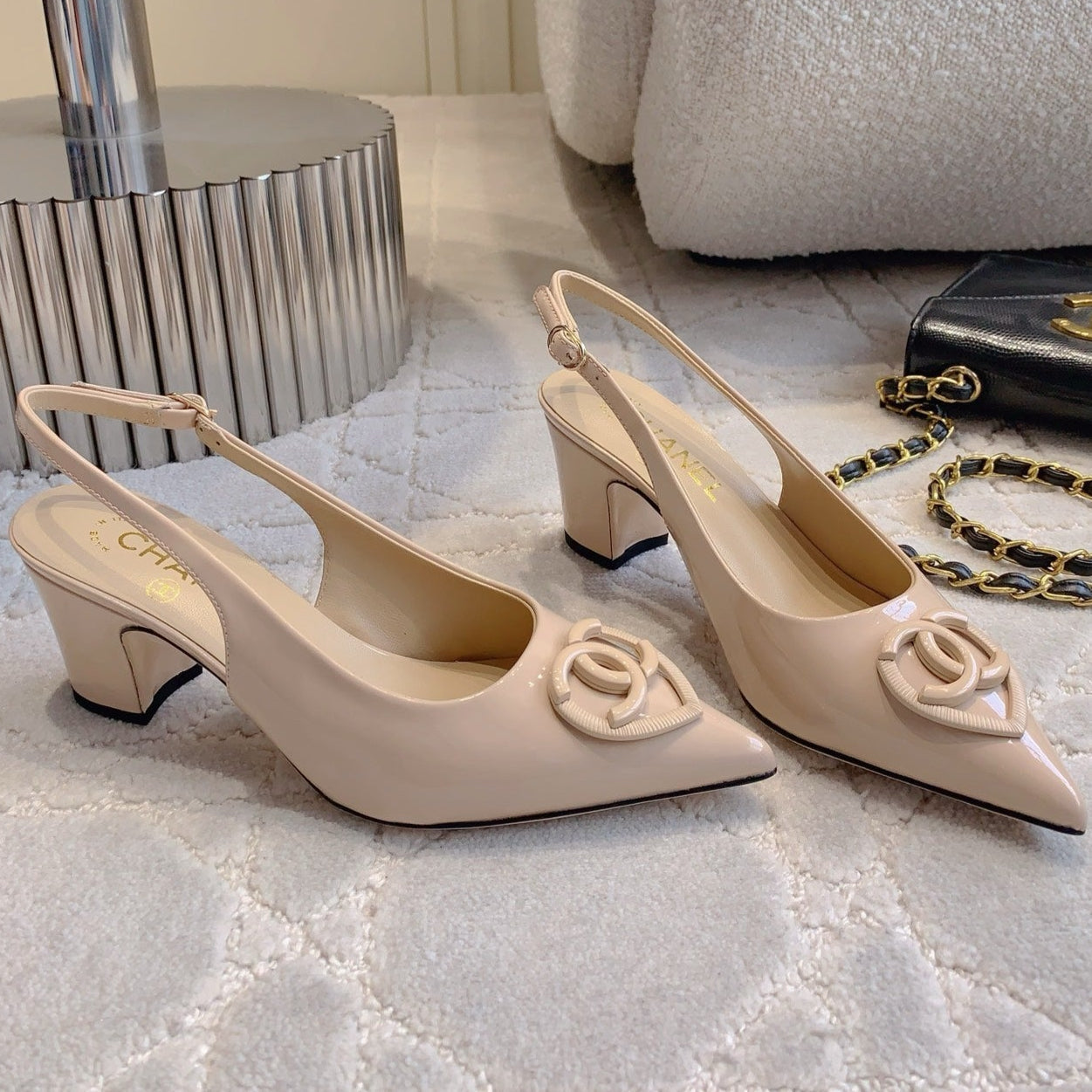 HIGH SLINGBACKS 65 MM IN BEIGE CREAM PATENT CALFSKIN - 35