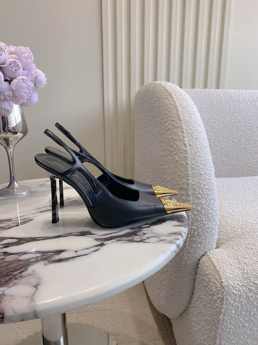 HIGH HEEL 10 CM SLINGBACK IN BLACK CALFSKIN WITH GOLD HARDWARE - 35
