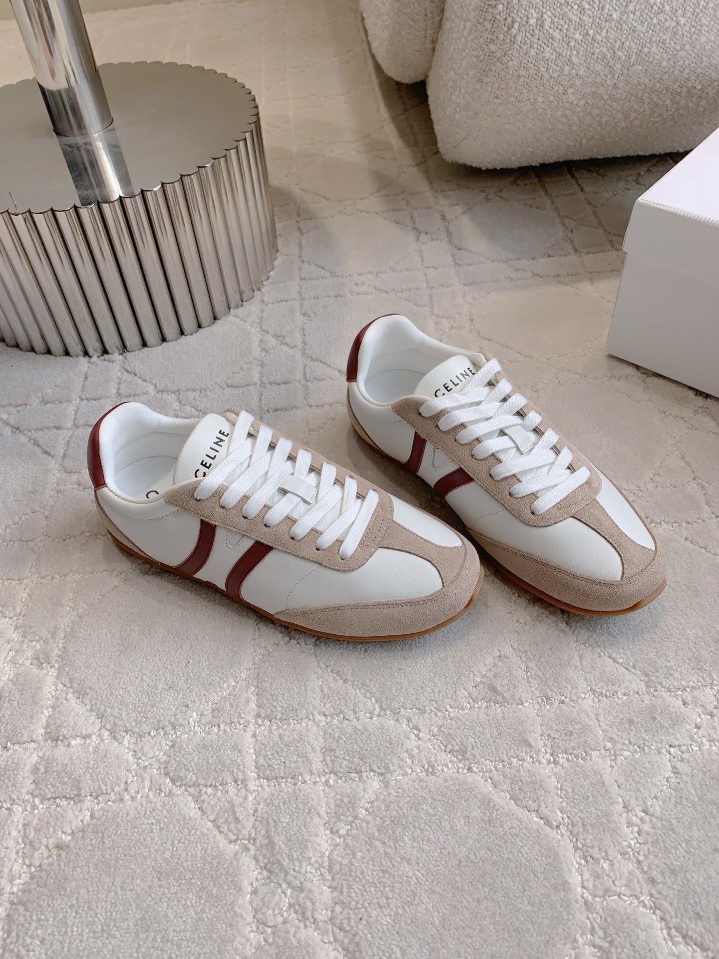 CELINE 25S JOGGER LOW LACE UP SNEAKER IN WHITE BEIGE RED CALFSKIN AND SUEDE - 39