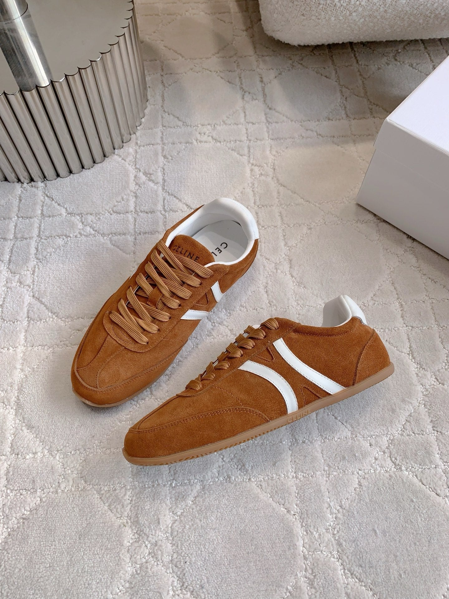 CELINE 25S JOGGER LOW LACE UP SNEAKER IN RUST BROWN CALFSKIN AND SUEDE - 39