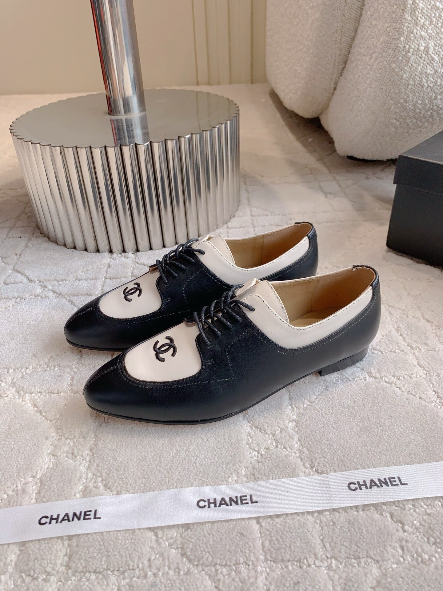 CHANEL 25S TWO TONE LACE UP IN BLACK AND WHITE CALFSKIN - 35
