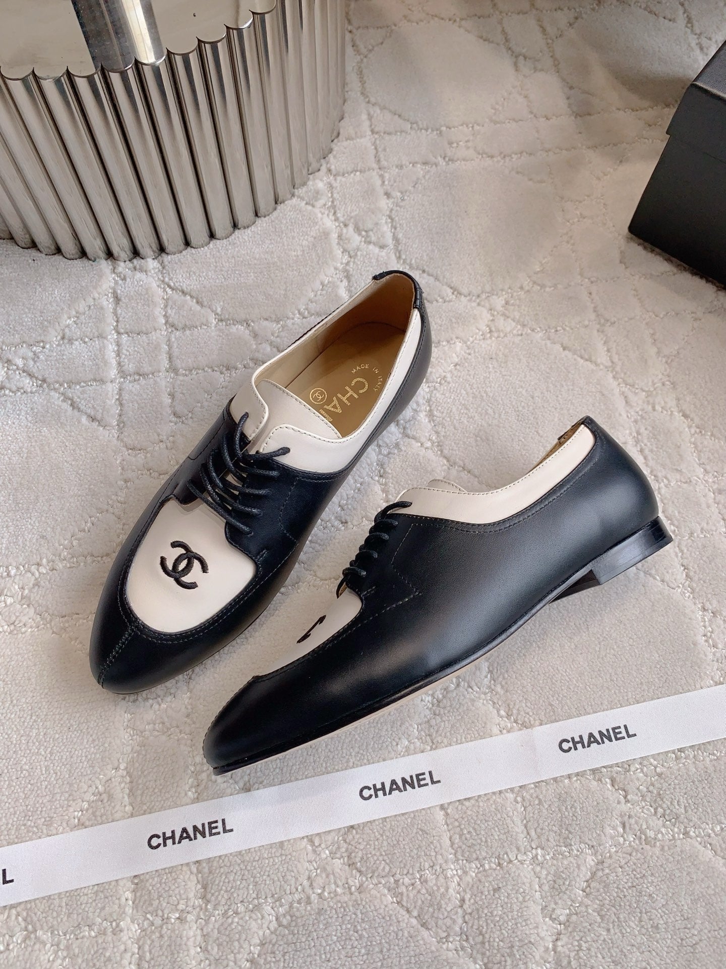 CHANEL 25S TWO TONE LACE UP IN BLACK AND WHITE CALFSKIN - 35