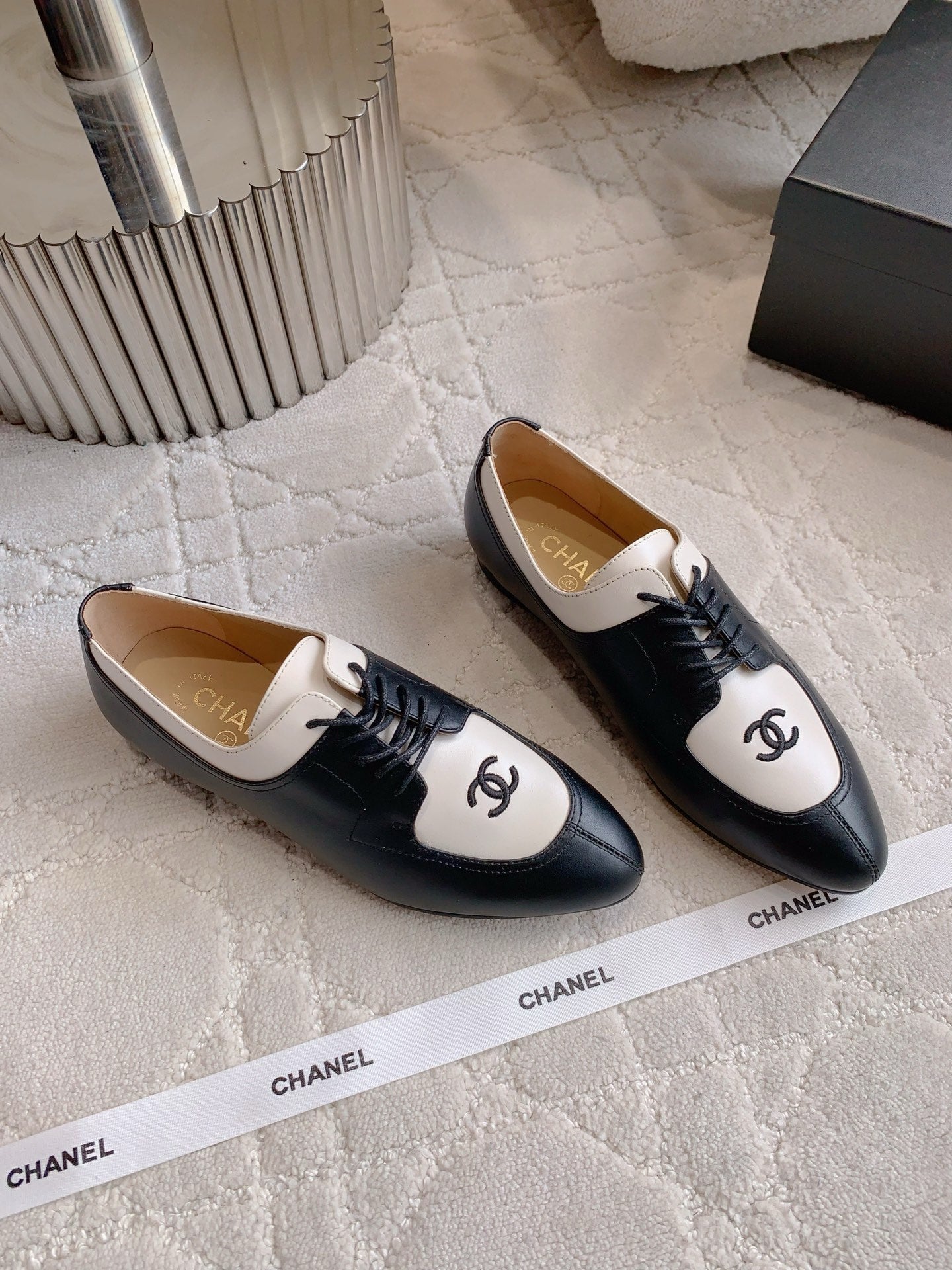 CHANEL 25S TWO TONE LACE UP IN BLACK AND WHITE CALFSKIN - 35