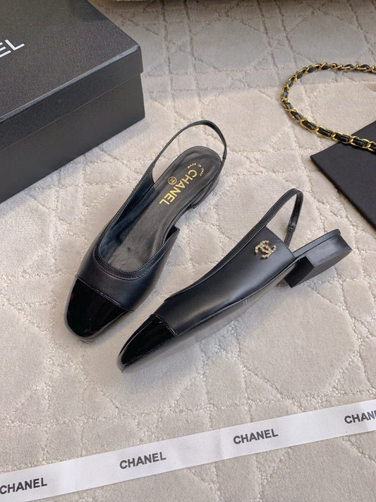 CHANEL 25S СЛІНГБЕКИ ЧОРНІ З ТЕЛЯЧОЇ ШКІРИ З ЗОЛОТОЮ ФУРНІТУРОЮ – 35
