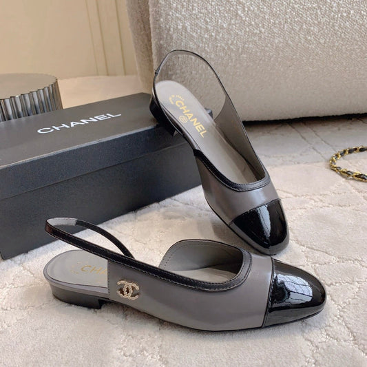 CHANEL 25S SLINGBACK IN BLACK AND TAUPE GRAY CALFSKIN GOLD HARDWARE - 35