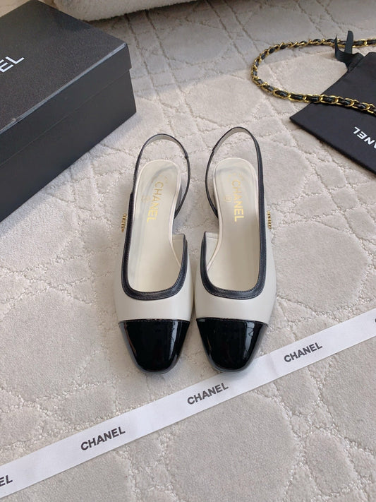 CHANEL 25S СЛІНГБЕКИ З ЧОРНО-БІЛОЇ ТЕЛЯЧОЇ ШКІРИ З ЗОЛОТОЮ ФУРНІТУРОЮ – 35