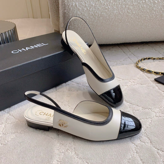 CHANEL 25S SLINGBACK IN BLACK AND WHITE CALFSKIN GOLD HARDWARE - 35