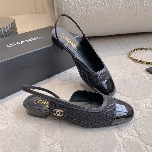 CHANEL 25S SLINGBACK IN SPARKLING BLACK CALFSKIN AND CANVAS GOLD HARDWARE - 35