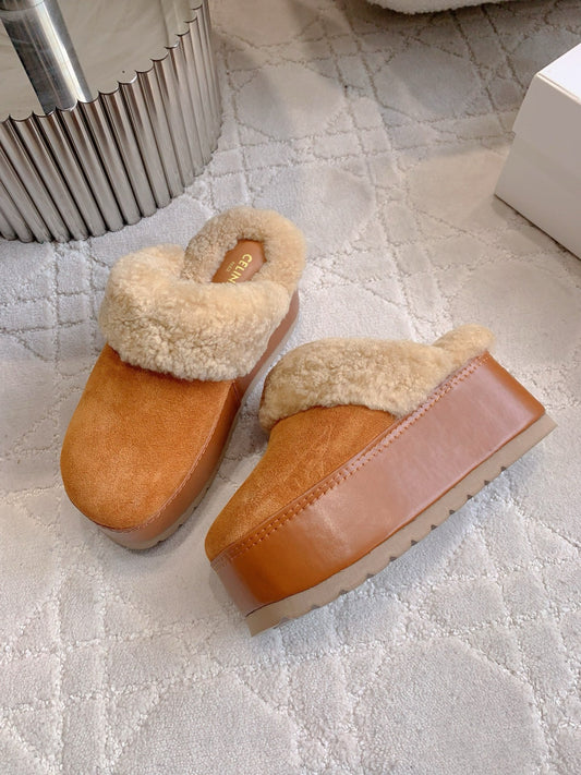 CELINE 25S ШКІРЯНІ МЮЛІ DANA НА ТАНКЕТЦІ 70 ММ З ЗАМШІ З ТЕЛЯЧОЇ ШКІРИ КОЛЬОРУ BURNT ORANGE ТА ОВЧИНИ - 35