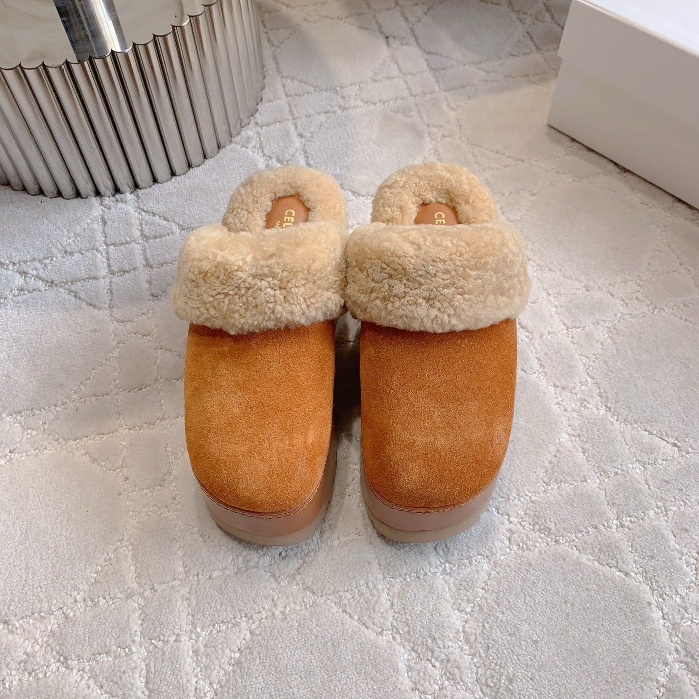 CELINE 25S DANA WEDGE MULE 70MM IN BURNT ORANGE SUEDE CALFSKIN AND SHEARLING - 35