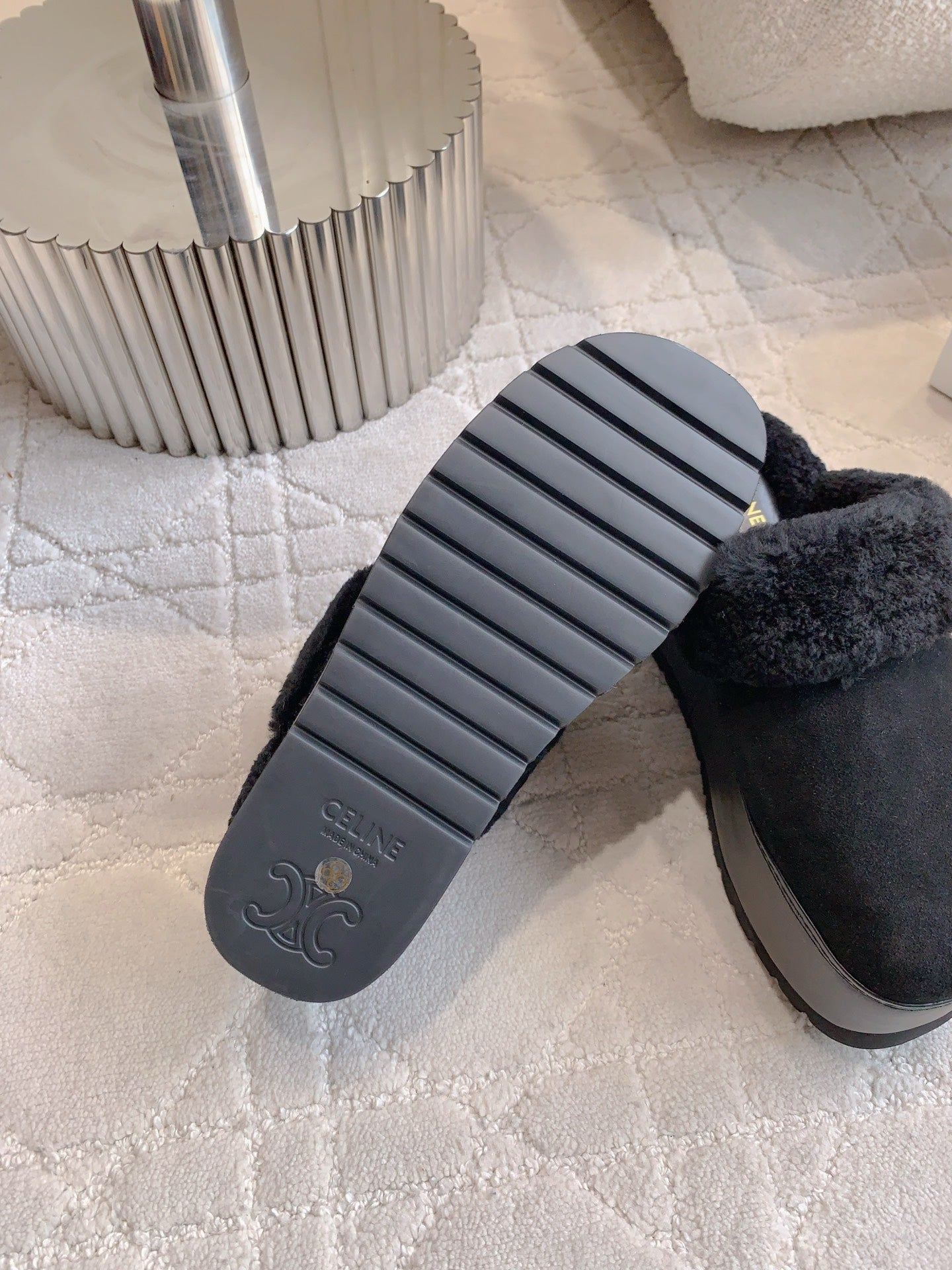 CELINE 25S DANA WEDGE MULE 70MM IN BLACK SUEDE CALFSKIN AND SHEARLING - 35