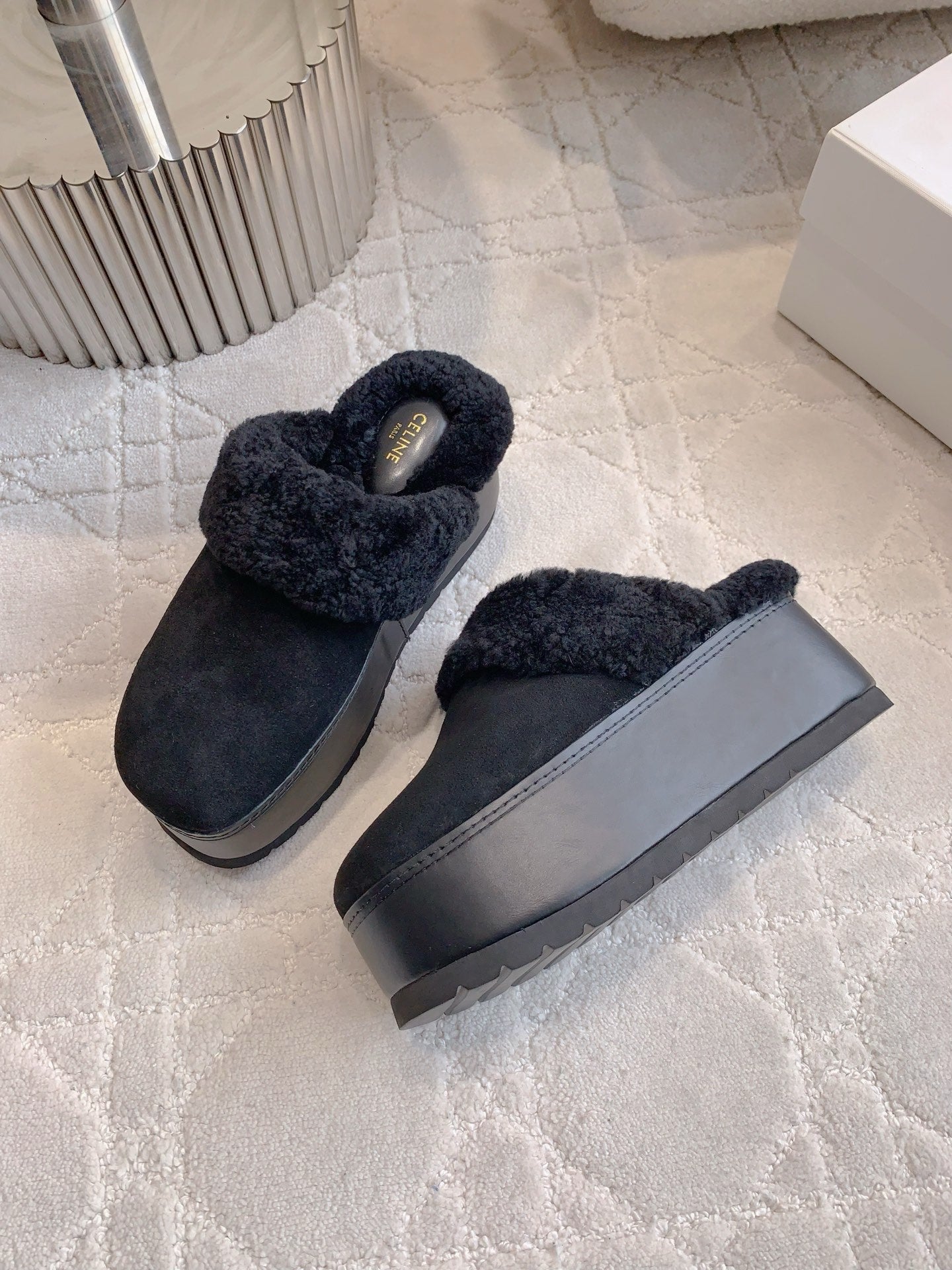 CELINE 25S DANA WEDGE MULE 70MM IN BLACK SUEDE CALFSKIN AND SHEARLING - 35