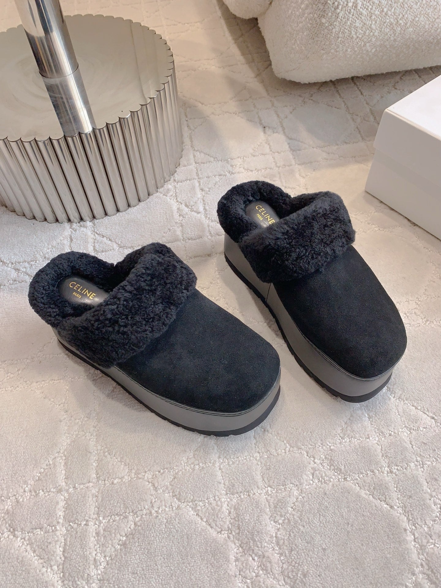 CELINE 25S DANA WEDGE MULE 70MM IN BLACK SUEDE CALFSKIN AND SHEARLING - 35