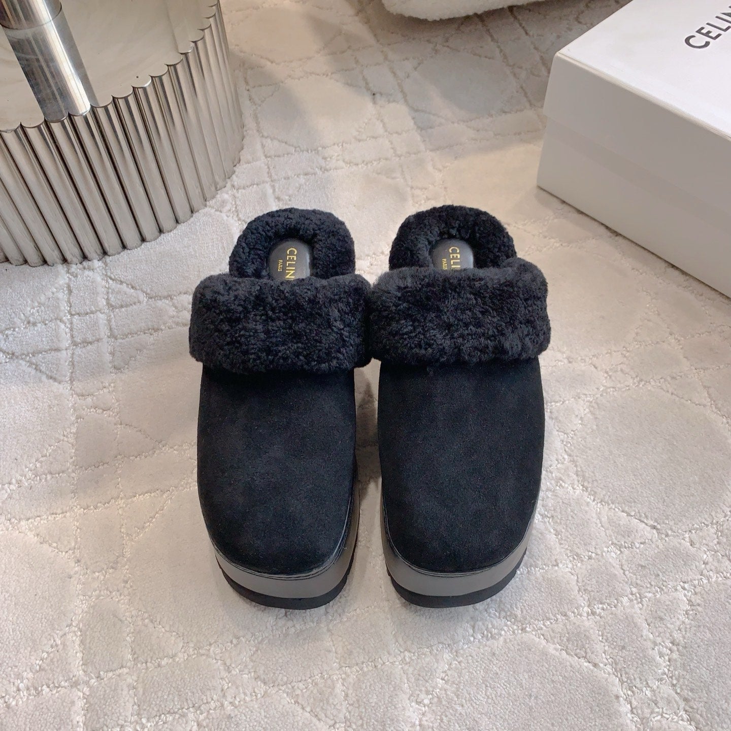 CELINE 25S DANA WEDGE MULE 70MM IN BLACK SUEDE CALFSKIN AND SHEARLING - 35