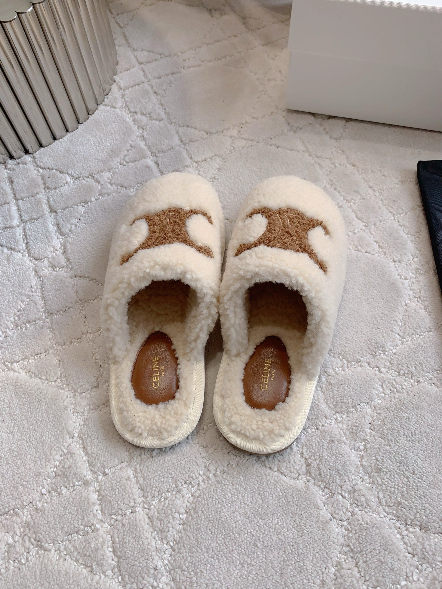 CELINE 26S MULES WITH LOGO IN LIGHT BEIGE AND BROWN WOOL