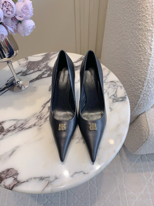 BALENCIAGA 25S POINTED-TOE HIGH HEELS 70 MM IN BLACK CALFSKIN WITH GOLD HARDWARE - 35