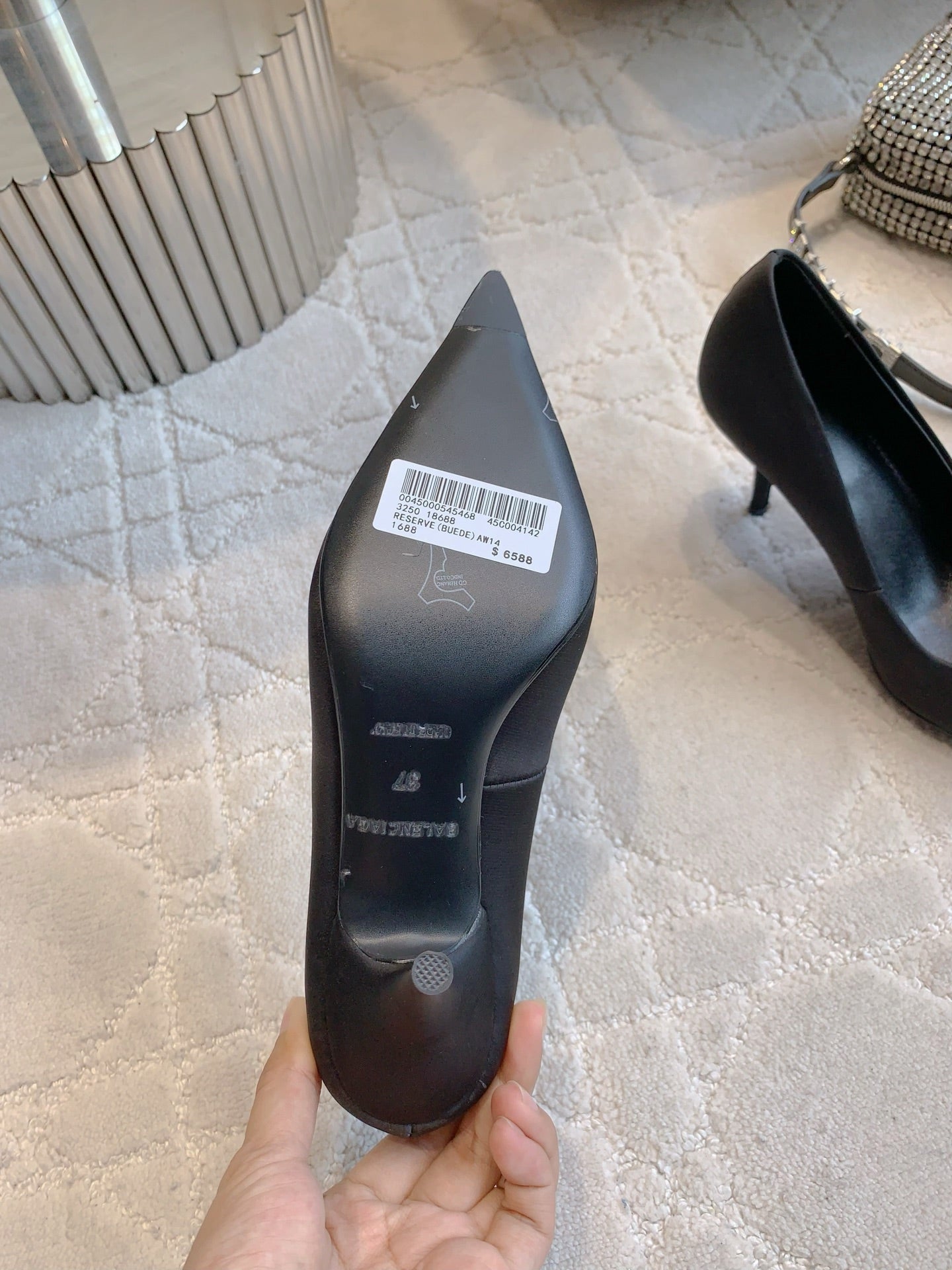 BALENCIAGA 25S POINTED-TOE HIGH HEELS 70 MM IN BLACK SATIN WITH GOLD HARDWARE - 35