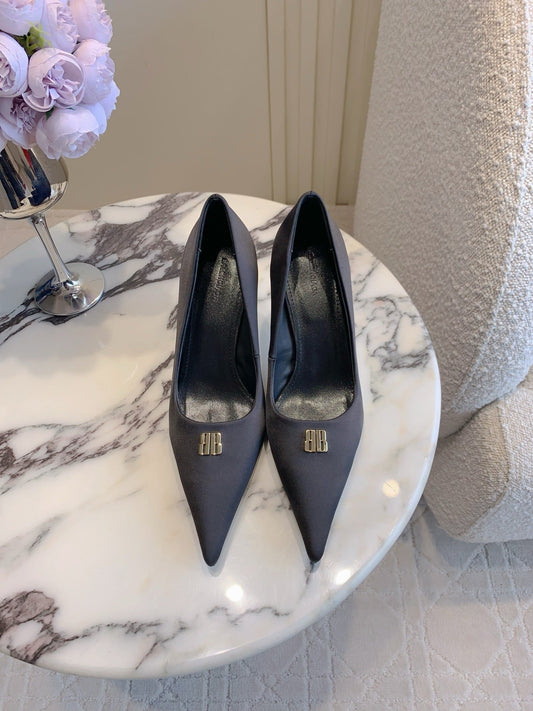 BALENCIAGA 25S POINTED-TOE HIGH HEELS 70 MM IN BLACK SATIN WITH GOLD HARDWARE - 35