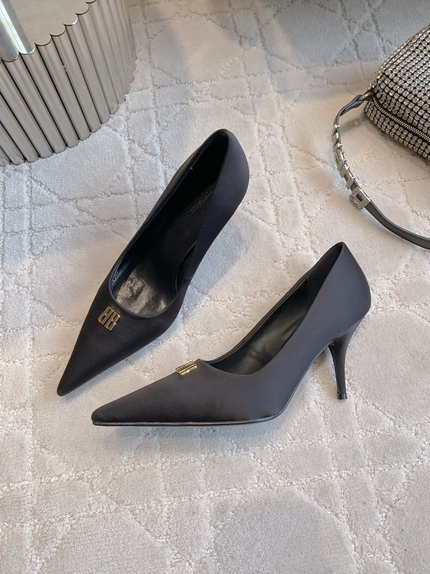 BALENCIAGA 25S POINTED-TOE HIGH HEELS 70 MM IN BLACK SATIN WITH GOLD HARDWARE - 35