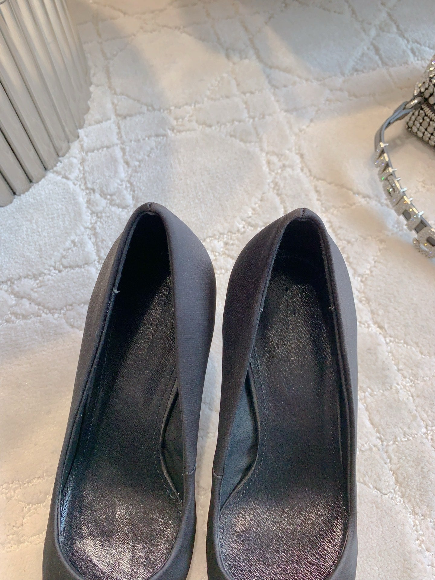 BALENCIAGA 25S POINTED-TOE HIGH HEELS 70 MM IN BLACK SATIN WITH GOLD HARDWARE - 35
