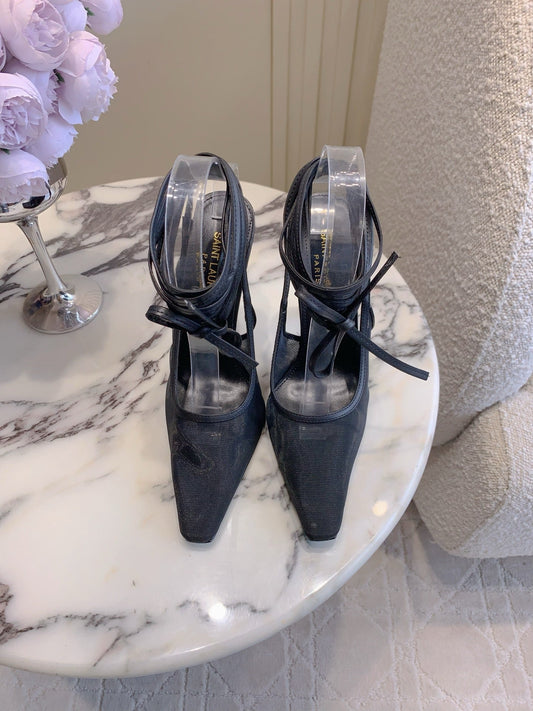 YSL 26S БОСОНІЖКИ-СЛІНГБЕКИ З РЕМІНЦЕМ НА ЩИКОЛОТЦІ 90 ММ З ЧОРНОЇ СІТЧАСТОЇ ТКАНИНИ
