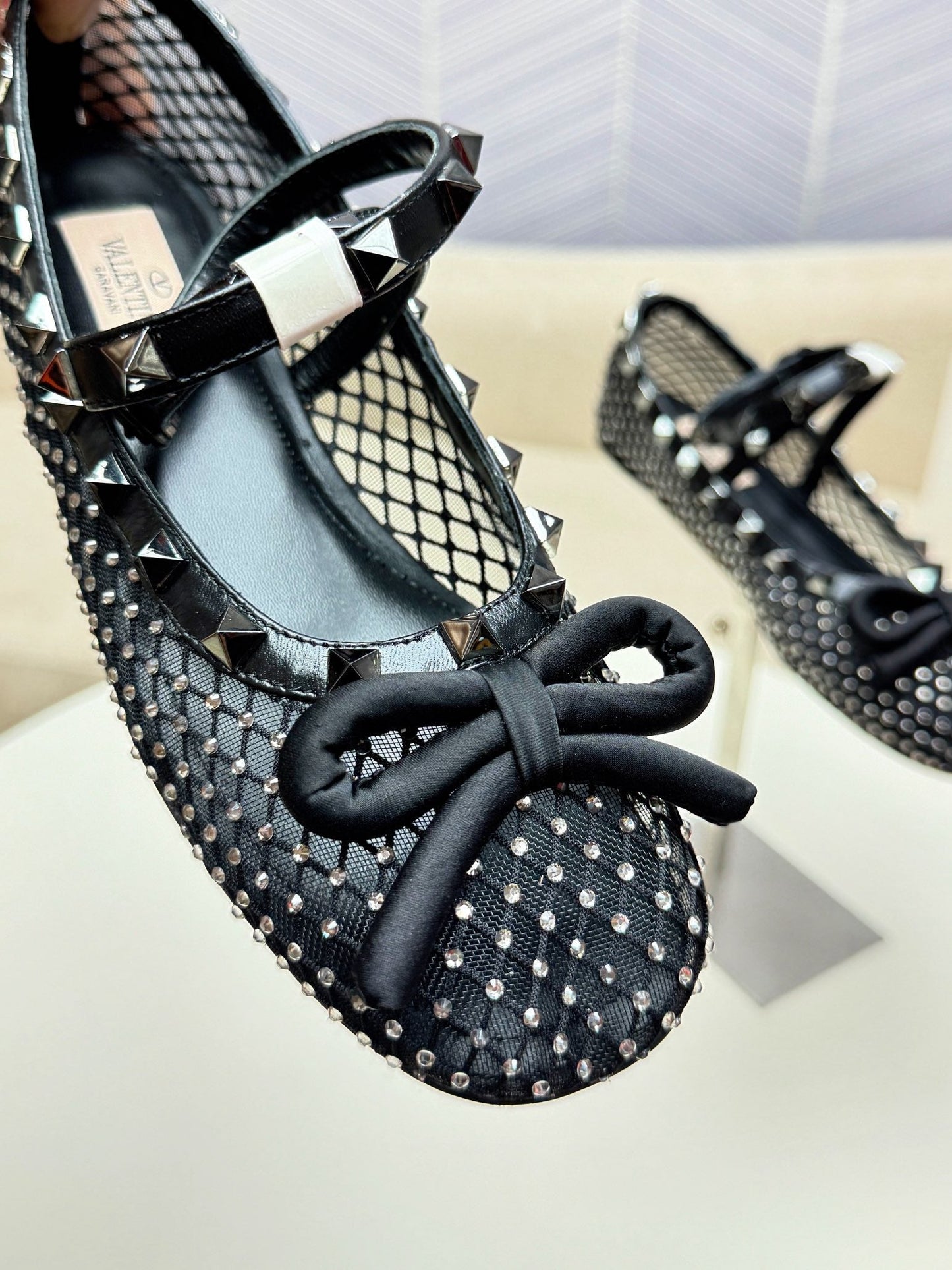 ROCKSTUD BLACK MESH BALLERINA WITH CRYSTALS - 34