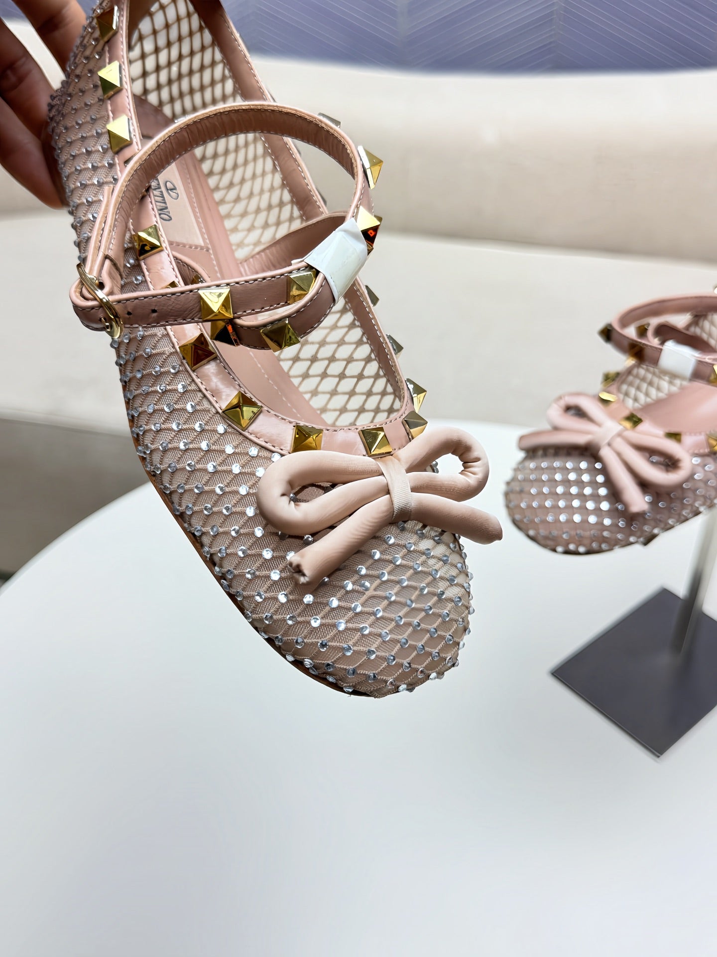 ROCKSTUD PEACH PINK MESH BALLERINA WITH CRYSTALS - 34